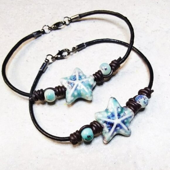 Coastal Cowgirl! Boho Beach Lovers! Ceramic Starfish + Beads + Knotted Leather - Picture 6 of 7